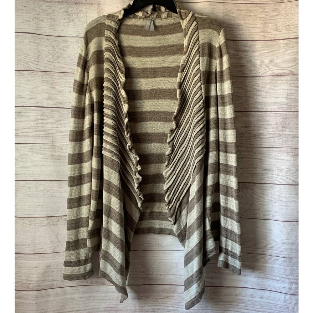 Vanity Cream and Taupe Striped Cardigan with Pleated Detail Size XL
